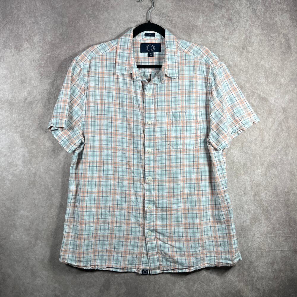 Even Tide Lei Shirt Mens XL Coral Aqua Plaid Cotton Linen Blend Button Up Casual